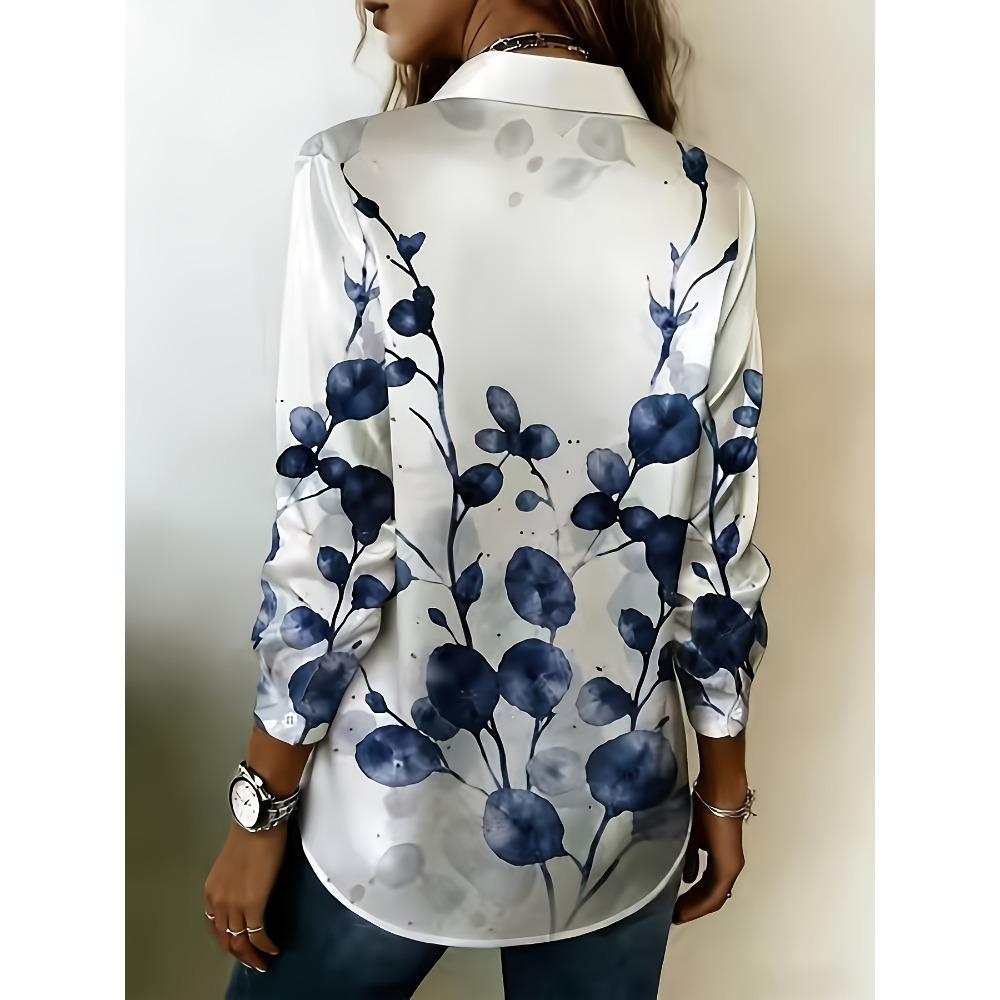 Ladies Blue Leaf Printed Casual Shirt, Long Sleeve Button Top, Elegant Ladies Shirt