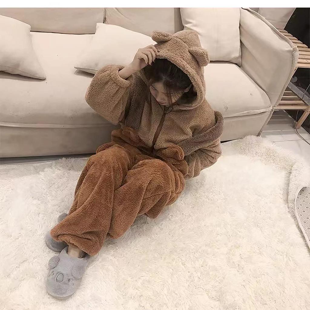 ZYOOFOV Women's Cute Bear Kigurumi Pajamas, Fall/Winter, Long Sleeves, Open Front, Fluffy Flannel Pajamas, Loose Fit, Thick, Warm