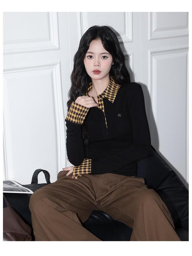 Женский осенний приталенный топ в клетку, имитация двойки, с длинным рукавом и воротником поло