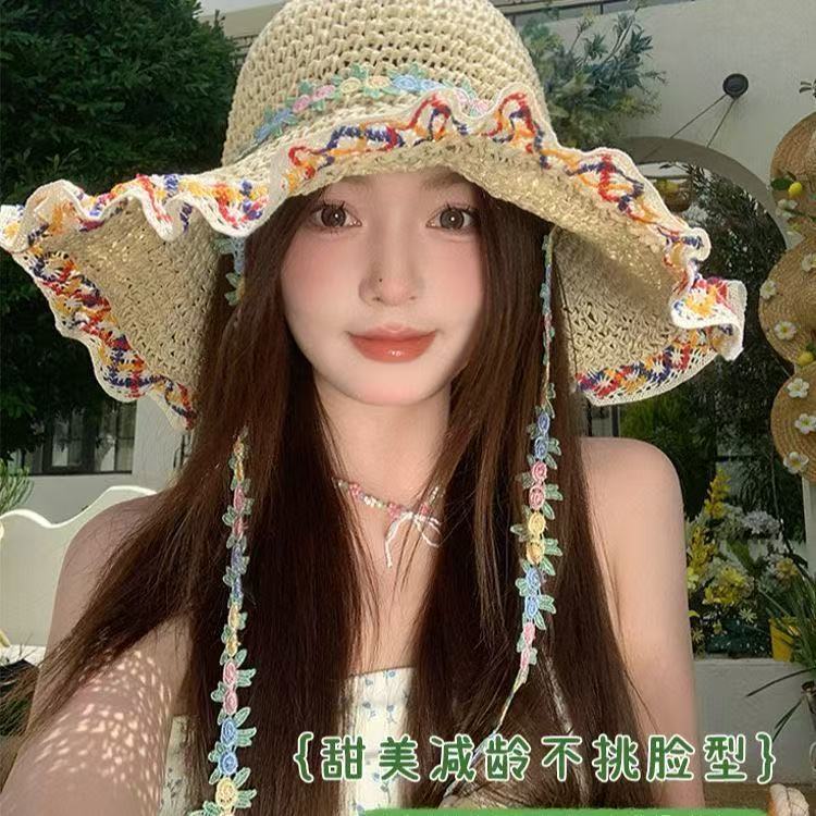 Straw hat seaside hat ins lace-up straw hat women's travel sun hat lace sun hat lace lace sunscreen