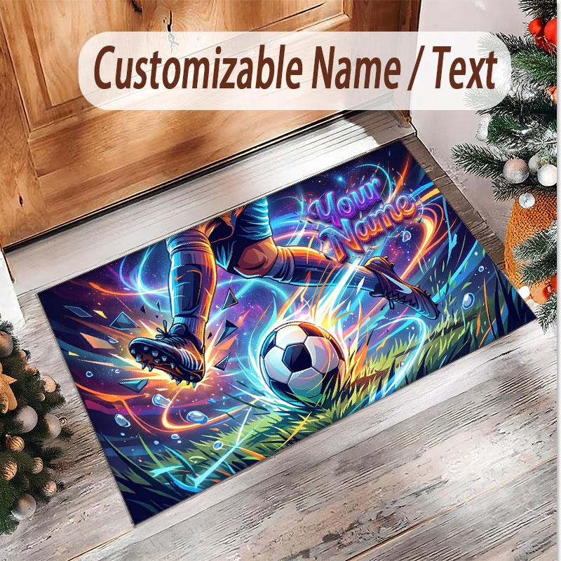 Soccer Theme Soft Crystal Velvet Rug Custom Name & Text Print Non Slip Floor Rug for Bedroom Living Room