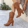 Модные новые плиссированные сапоги с острым носком для женщин зимние на массивном каблуке из флока складные ботфорты для вечеринки удобная женская обувь большого размера 42