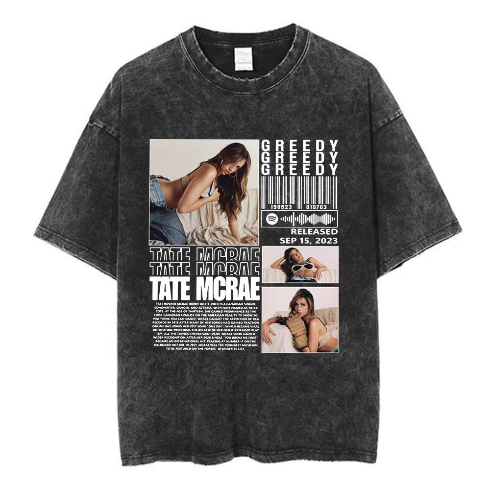 Трендовая футболка Tate Mcrae Greedy Album Tour Merch для мужчин и женщин, винтажная потертая футболка с коротким рукавом, свободный повседневный топ