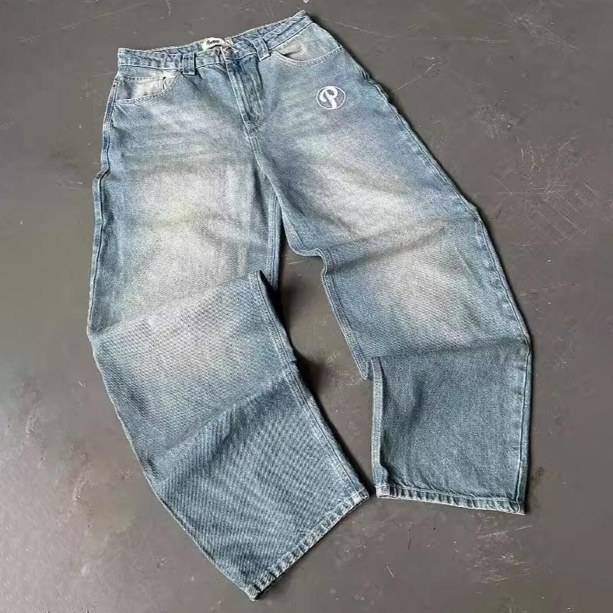 Vintage Blue Baggy Jeans High Waist Streetwear Jeans Y2K Mens Pants Harajuku Hip Hop Letter Embroidery Wide Leg Trouser Plus Size