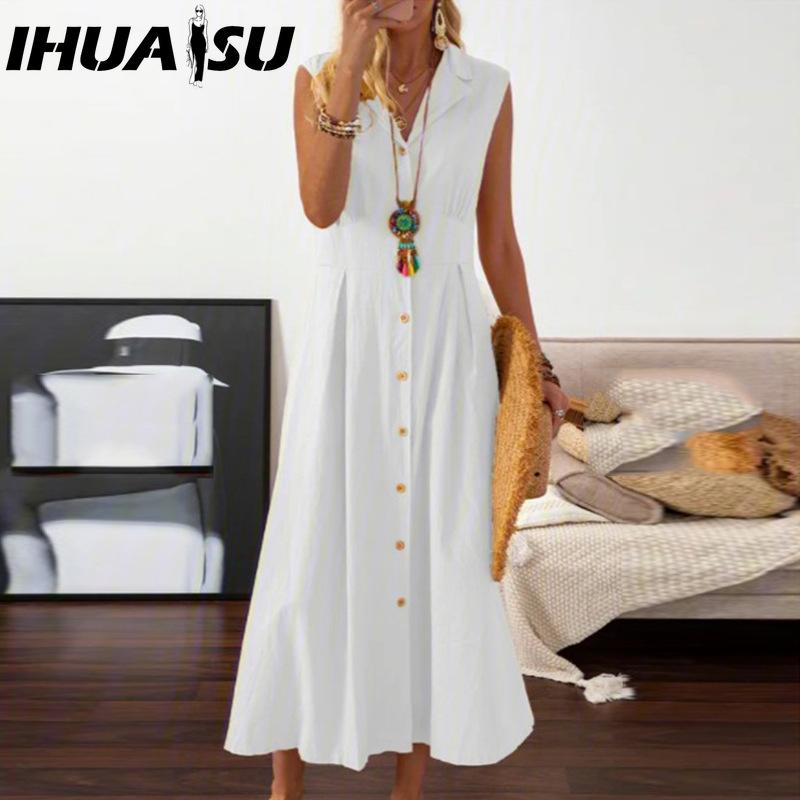IHUASU Платье А-силуэта Элегантное платье Beauty Lady Однобортное длинное платье с большим подолом Однотонное