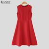 ZANZEA Women Summer Elegant Round Neck Sleeveless Solid Color Waist Dress