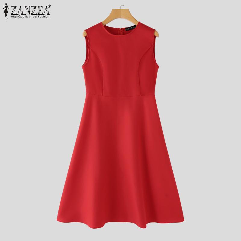ZANZEA Women Summer Elegant Round Neck Sleeveless Solid Color Waist Dress