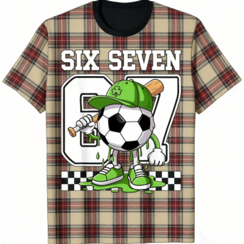 Kids T-Shirt 67 Six Seven Grid Football Print Boy and Girl Tees Top Summer Short Sleeve O Neck Casual Outdoor Kids Clothing