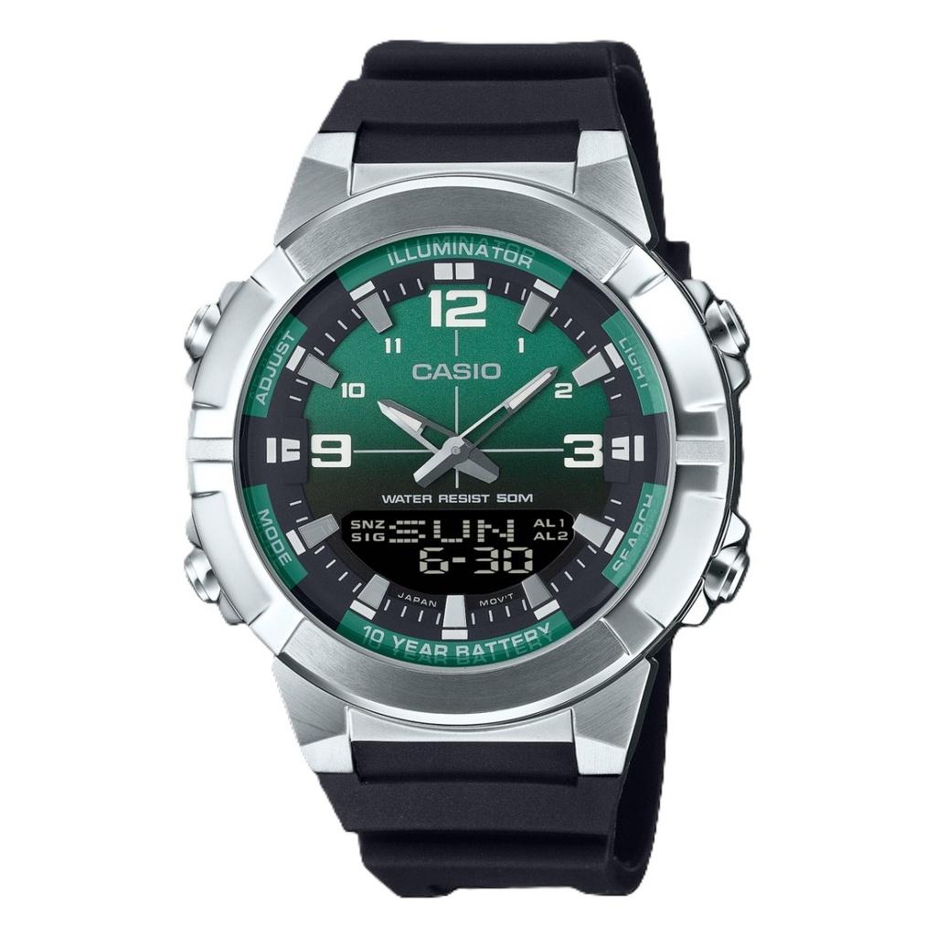 Casio Аналоговые цифровые комбинированные кварцевые часы с ремешком из смолы и зеленым циферблатом AMW-870A-3AV для мужчин