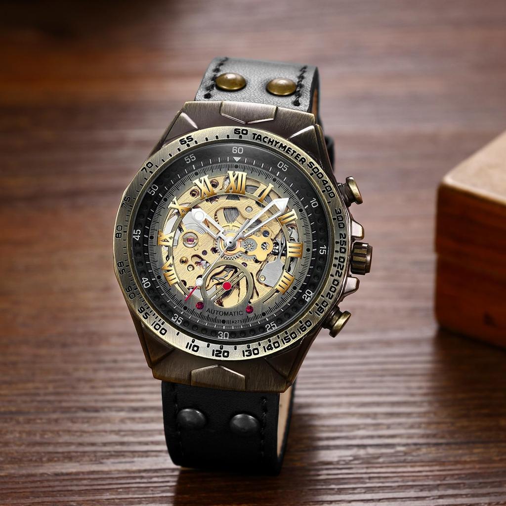 Автоматические часы-скелетон с римскими цифрами и аналоговым циферблатом из натуральной кожи, водонепроницаемость 3 АТМ, стильный аксессуар для отдыха и бизнеса, идеальный подарок для и дня, мужской ремешок