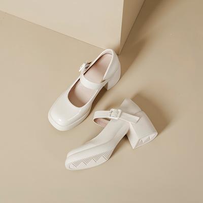 Туфли-лодочки на высоком каблуке кремового цвета, лолита, толстый каблук, круглый носок, мягкая подошва, с ремешком и квадратной пряжкой, для маленькой девочки, для сочетания