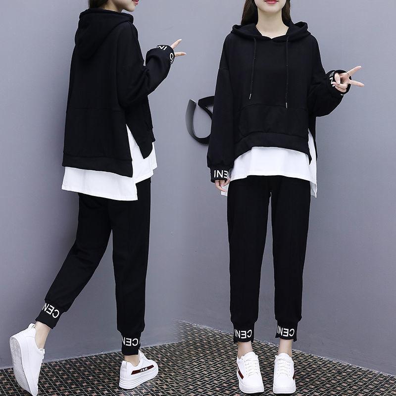 Женский весенний студенческий свитер больших размеров, женский свободный корейский повседневный костюм из двух предметов