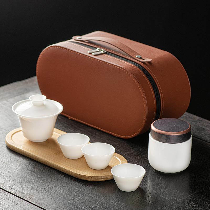 Suet jade white porcelain kung fu tea set cover bowl teacup outdoor portable travel tea set