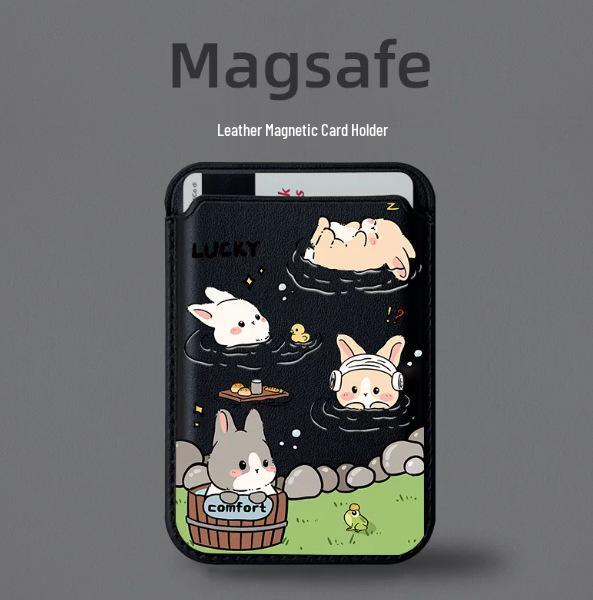 Магнитный кожаный держатель для карт «Кролик в шляпе», совместимый с MAGSAFE для телефонов Apple