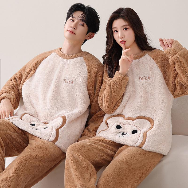 Флисовая пижама для пары с узором «снежинки» Зимний женский флис Утолщенный Осенне-зимний Коралловый флис Мужской комплект для дома