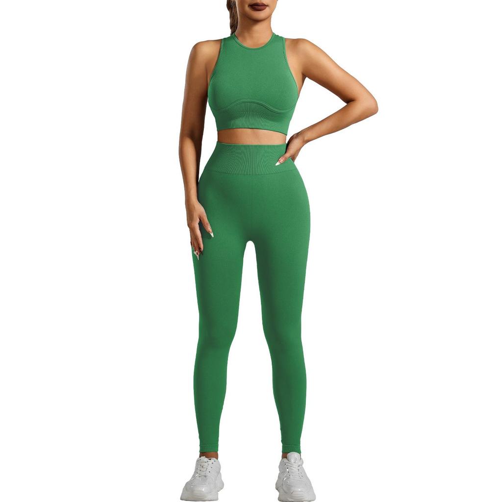 European & American Seamless Ribbed Yoga Suit: High-Intensity Running Fitness Vest & Bra Set