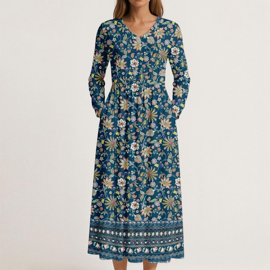 Платье для женщин длинное бохо пляжное платье элегантное макси-платье V-образный вырез длинный рукав платье с карманами