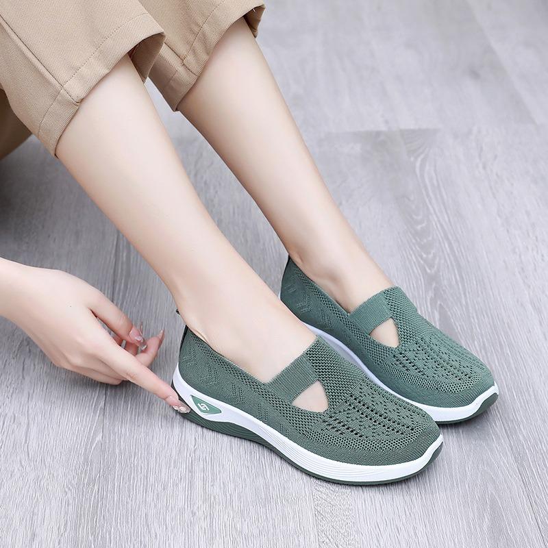 Дышащие однотонные туфли Fly-knit большого размера для женщин, плоские каблуки с вырезами и мелким вырезом, ленивые лоферы