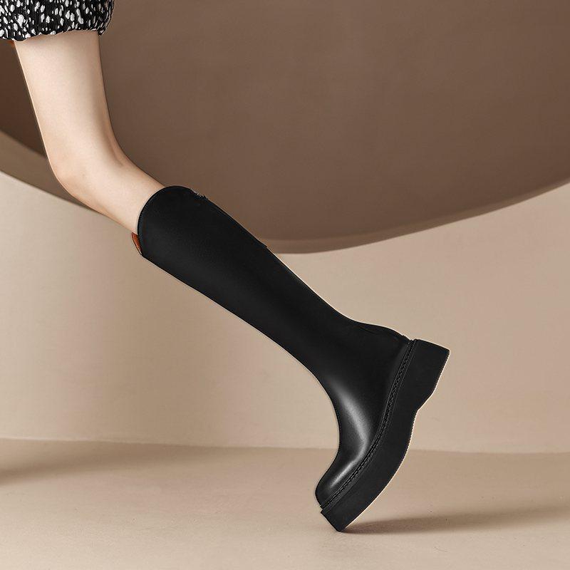 Krazing Pot Осенне-зимняя обувь из коровьего спилка, сапоги для верховой езды на толстой платформе, с круглым носком, сохраняющие тепло, на молнии, высокие сапоги до бедра