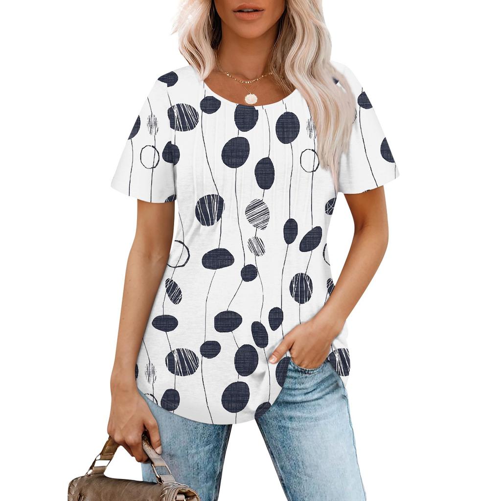 Women's Fashionable Casual Pleated Round Neck  Printed Short Sleeved T-shirt Top