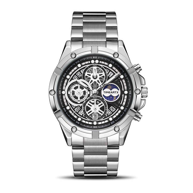 TIMEARTX Men's Watch Luxury Quartz Watch Stainless Steel Strap Moon Phase Multi-Color Dial Business Waterproof Watch