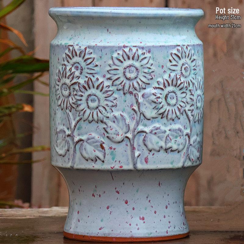 Handmade Embossed Rose Ceramic Pot for Succulents - Tall, Breathable Coarse Pottery Planter