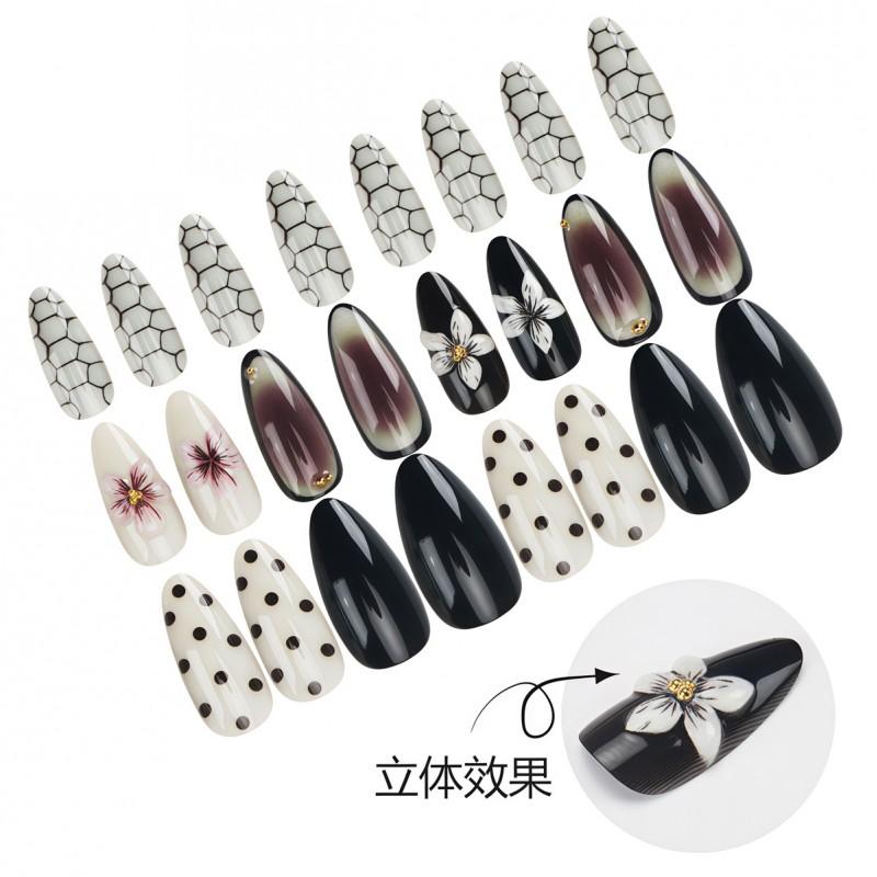 24Pcs Press On Nails Almond French 3D Carved Brown Gradient Snake Polka Dot Fake Women