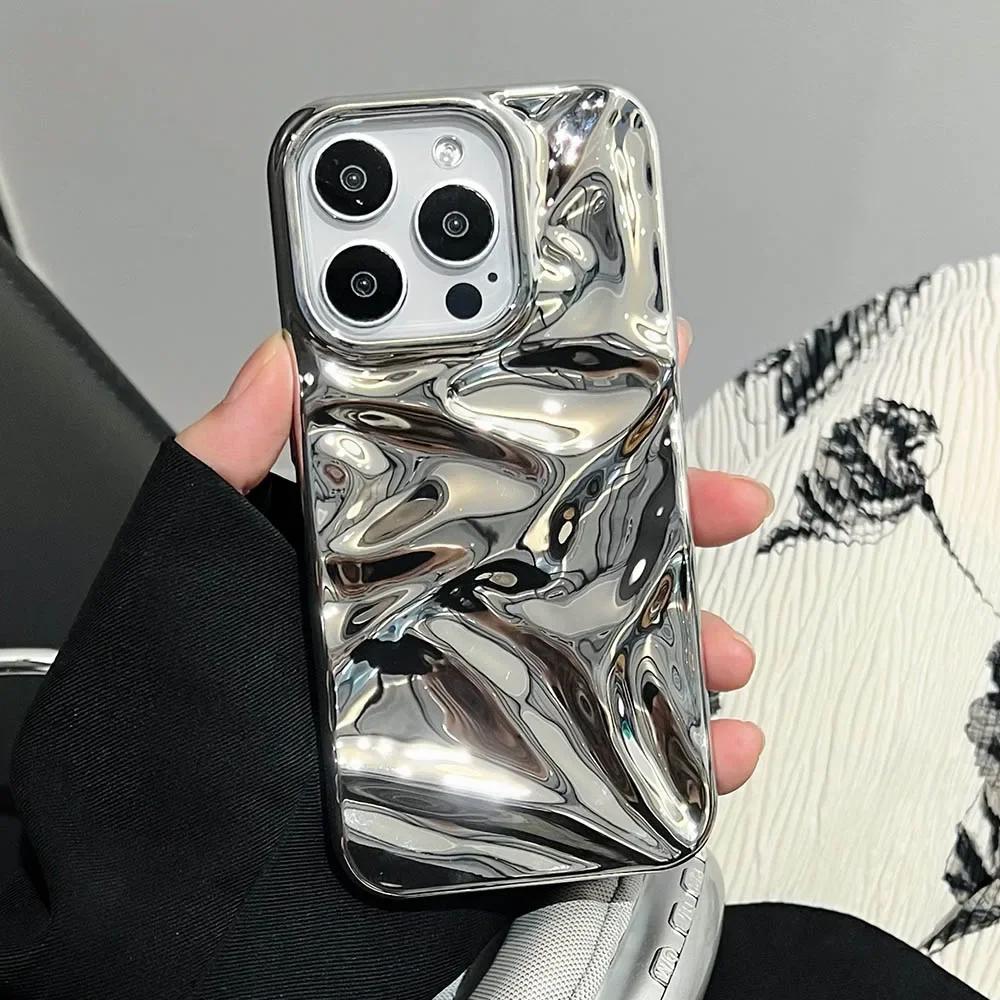 Electroplate Silvery 3D Wrinkle Phone Case For For Iphone 17 16 15 14 13 11 12 17 Pro Max Air Water Ripple Shockproof Cover