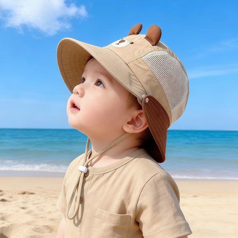 Baby Summer Breathable Mesh Bucket Hat With Removable Neck Flap Large Brim Sun Protection Cute Bear Design For Boys And Girls