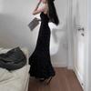 Stylish Broken Flowers Dresses Women's Clothing Elegant Square Collar Spring Autumn Sexy Slim Mermaid Folds Slip Long Dress