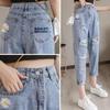 Thin Embroidered Small Daisy Ripped Jeans for Women In Spring and Summer Korean New Loose High-waist Nine-point Dad Pants