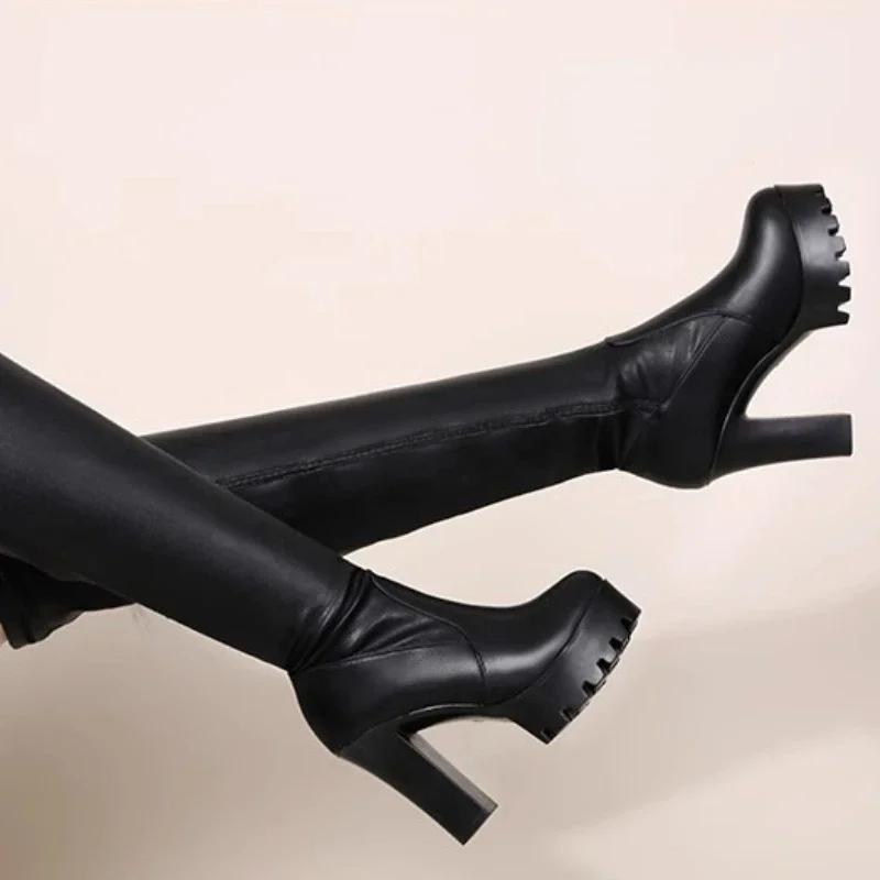 Сексуальные высокие сапоги для женщин, осенне-зимние эластичные сапоги выше колена для женщин, черные туфли на каблуках и длинной подошве Zapatillas De Mujer