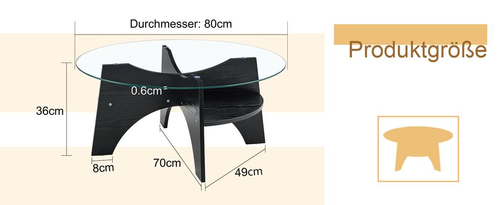 Modern Round Side Table, Safety Glass - diameter 80 cm, Fan-Shaped Frame, MDF Table Legs, Black Wood Look, Dining Room, Living Room, Office etc.