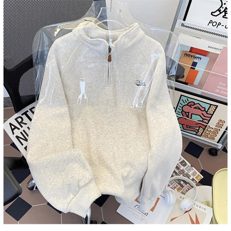 Unisex Thickened Fleece-Lined Stand Collar Pullover Hoodie Warm Loose Fit Winter Long Sleeve Sweatshirt