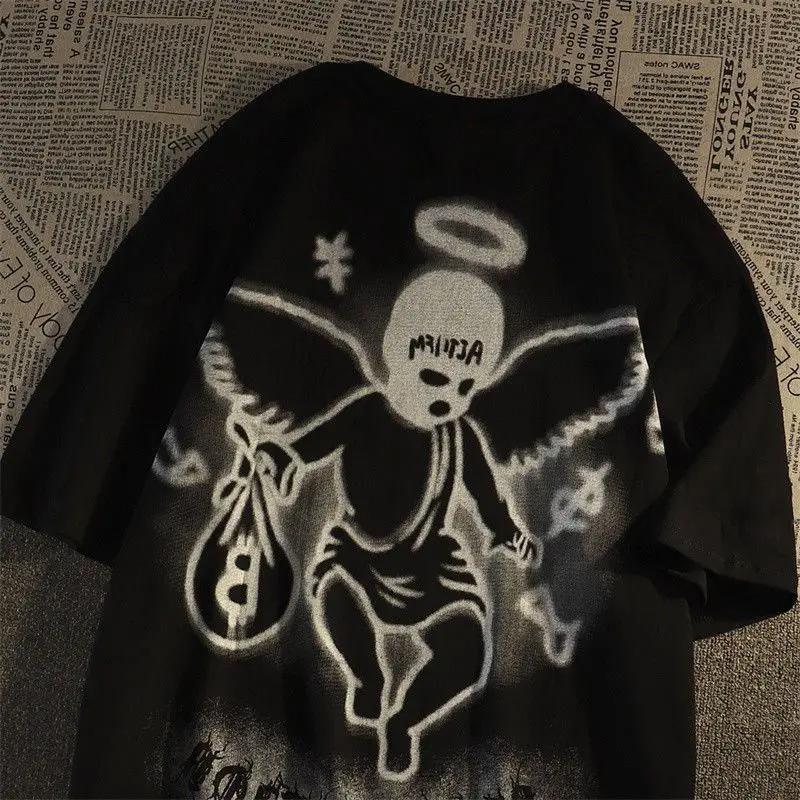 KPOP Хип-хоп Оверсайз Мода Уличный стиль Персонализированный Маленький ангел Трендовая Мужская и женская 2024 Лето Новая Футболка с коротким рукавом