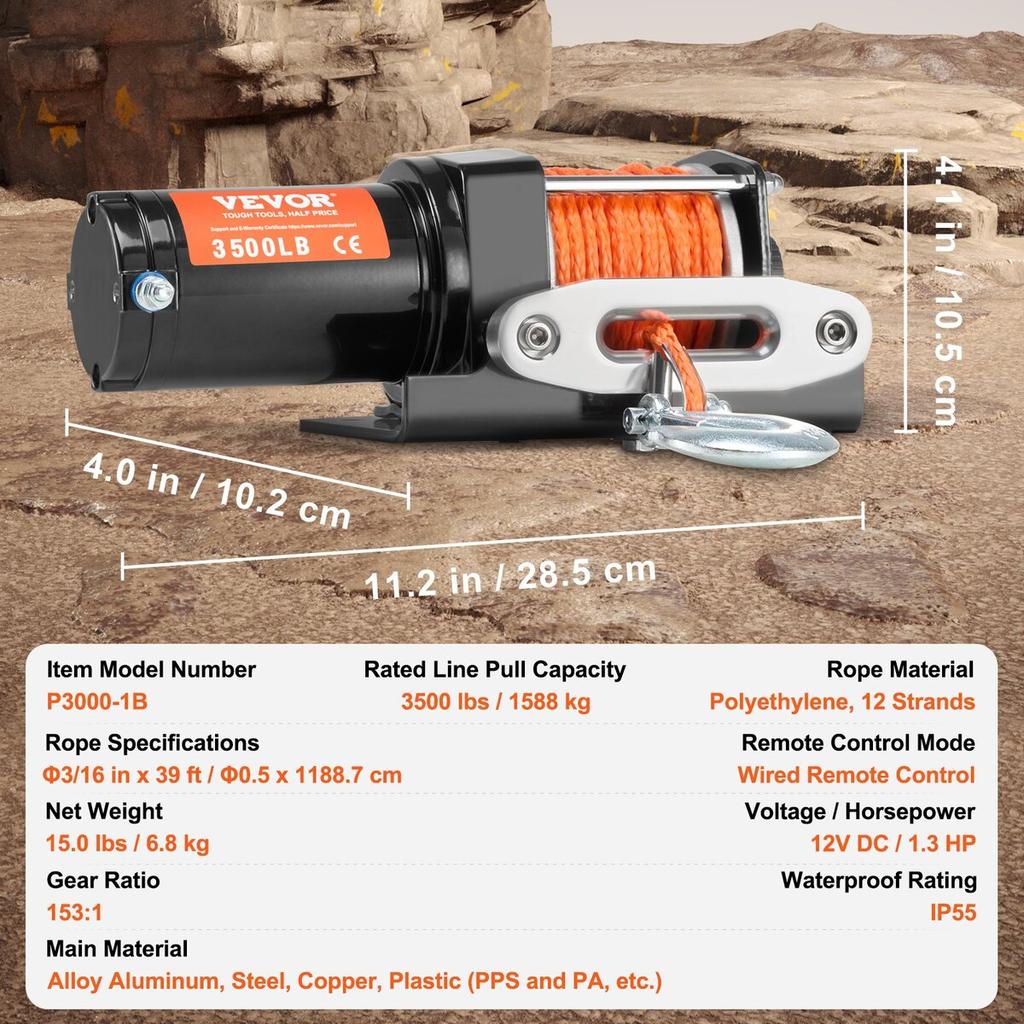 Electric Winch ATV UTV 3500 lb Synthetic Rope Waterproof Wired Control