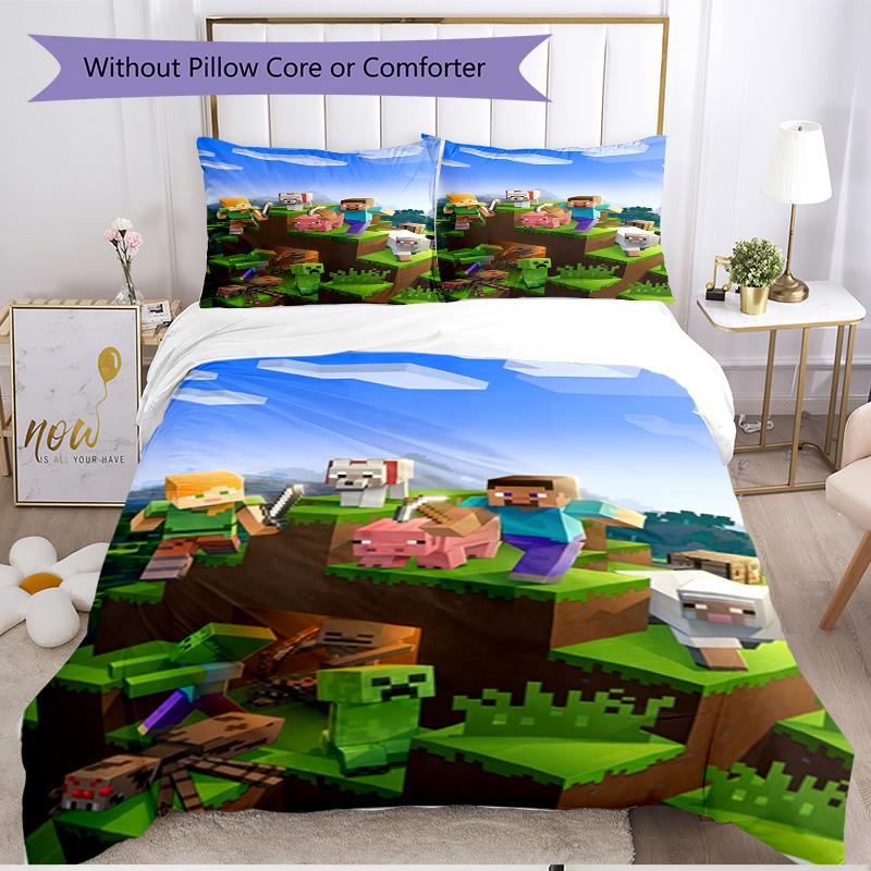 3pcs Duvet Cover Set (1*Duvet Cover + 2*Pillowcase, Without Core), Minecraft Print Soft All‑Season Bedding Set, Home Bedroom Decor Gift