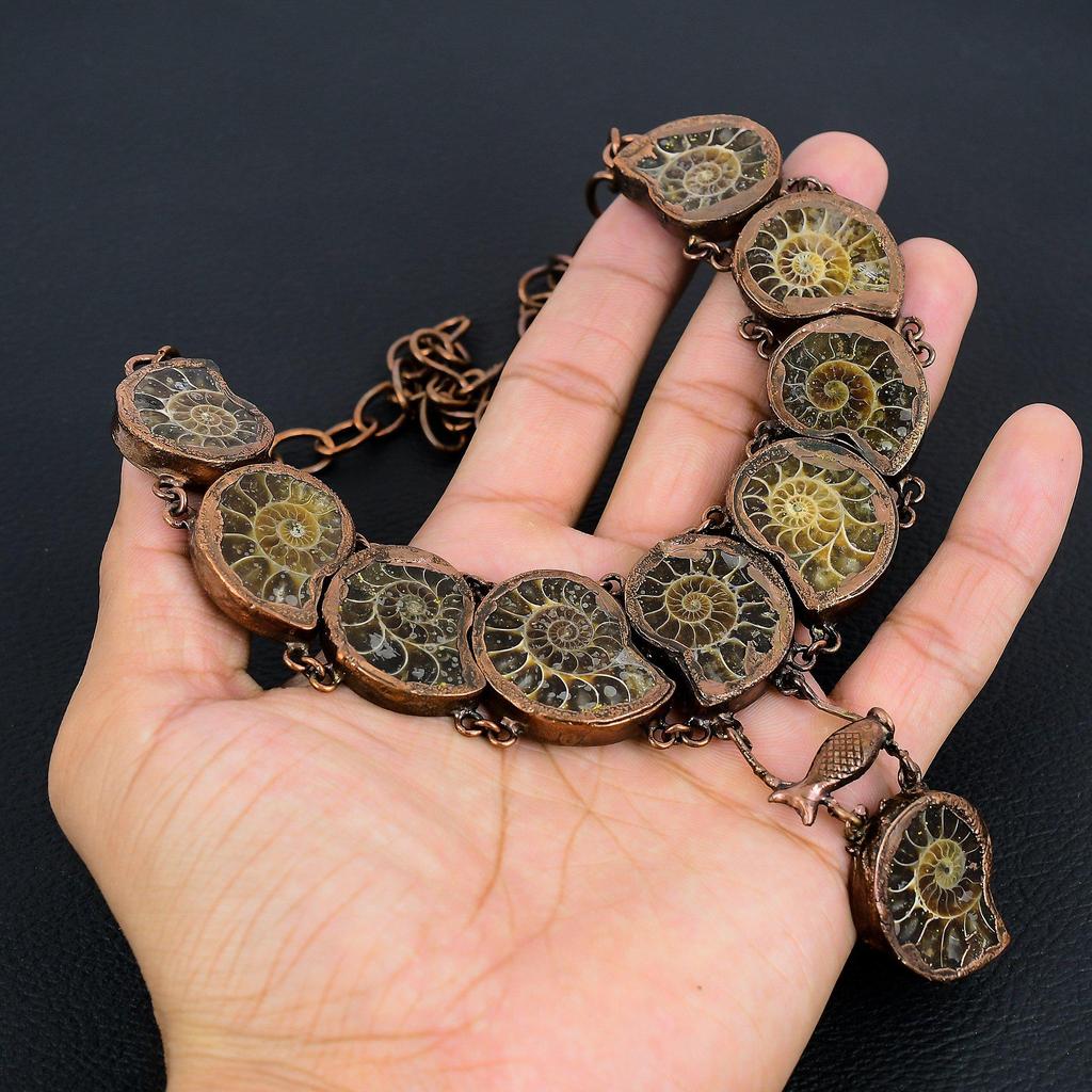 Ammonite Fossil Copper Electroformed Necklace with Adjustable Chain, Handmade Gemstone Jewelry Necklace For Memorial Day
