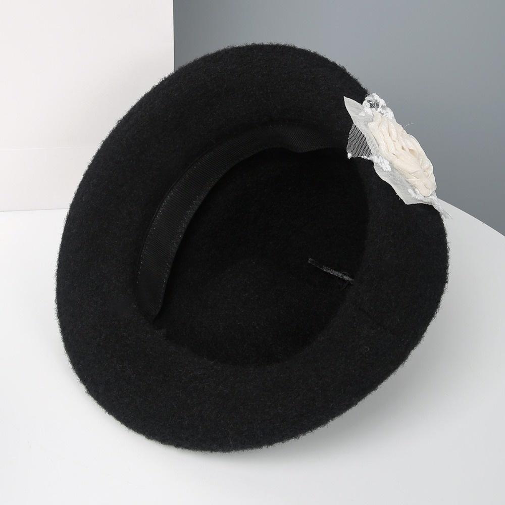 Floral Black Knitted Hat Lace Women Fisherman Hat Fashion Hepburn Style Topper Hat Wedding
