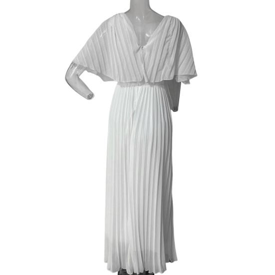 Women Evening Dress Dolman Sleeves Pleated V Neck Pure Color High Slim Waist Full Length