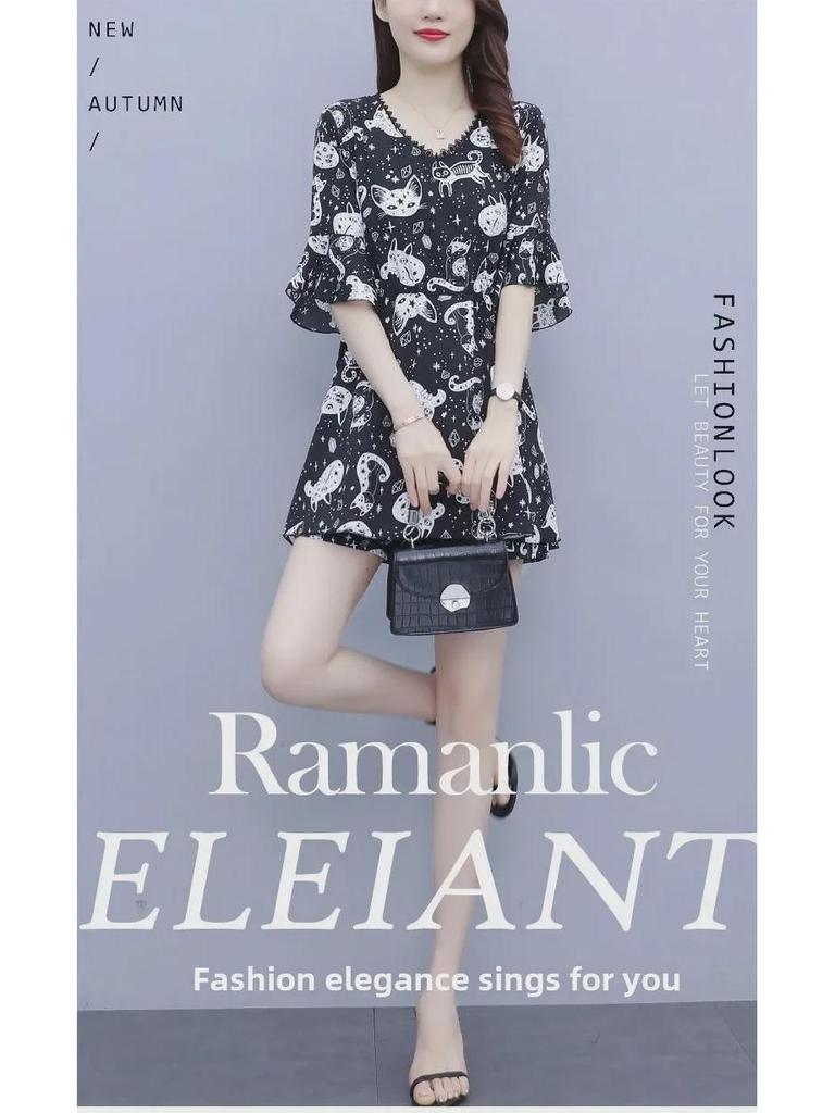 Женский летний комплект большого размера из двух предметов с кружевным воротником и эффектом похудения: Топ с коротким рукавом и шорты с принтом