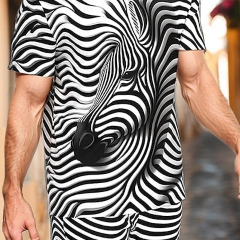 Мужской комплект из 2 футболок с принтом зебры, летние топы с коротким рукавом, короткие брюки с круглым вырезом, спортивная повседневная одежда для активного отдыха