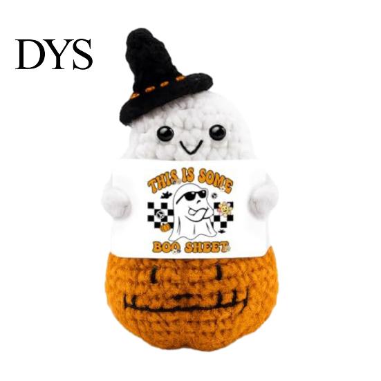 Whimsical Witch Hat Pumpkin Doll Hand Knitted Halloween Ghost Ornament, Crochet Plush with Soft Cotton Yarn Healing Companion Encouragement Card, Cute