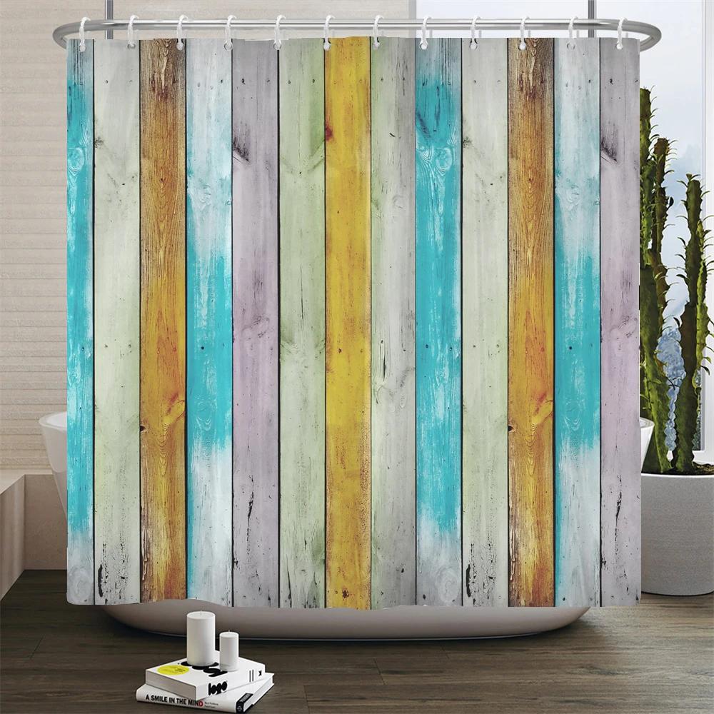 Деревенская шторка для душа Винтажные вертикальные деревянные доски Потертый деревенский дизайн из твердых пород дерева Тканевая шторка для ванной комнаты с крючками