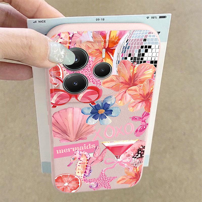 Розовый Чехол с Мультяшным Цветочным Рисунком для Xiaomi Redmi Note 14 13 Pro 5G 4G 12 11 Funda Xiaomi 14T 13T 11T Pro Силиконовая Крышка с Текстурой Кожи