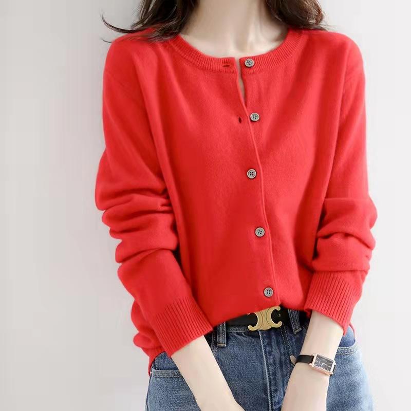 QICED Autumn and Winter O-Neck Knitted Cardigan Women Loose Large Size Sweater Coat Solid Color Bottom Sweater Coat