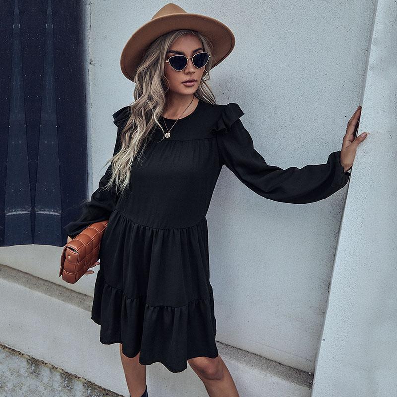 YYFS Женская мода лето весна черный однотонный принт с длинным рукавом и круглым вырезом повседневные платья