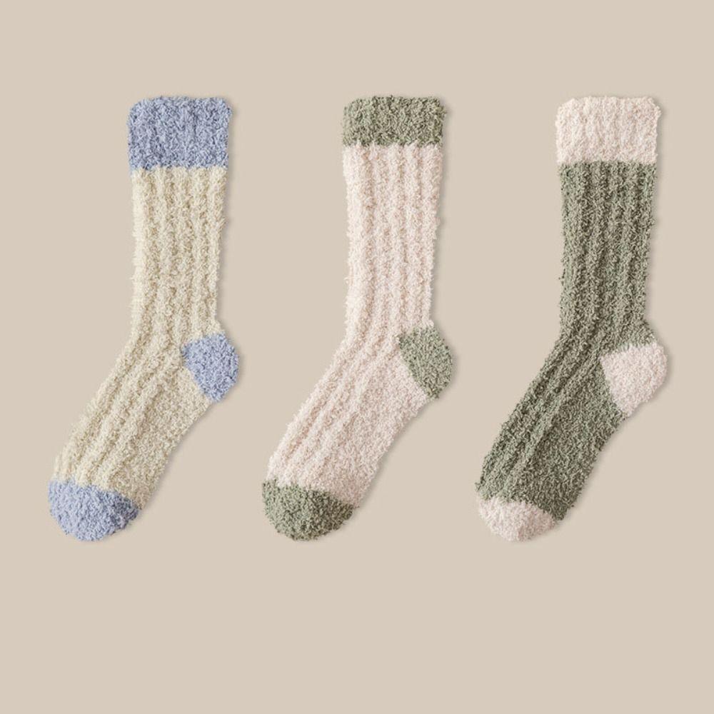 3Pairs Sleeping Coral Fleece Socks Winter Mid Tube Socks Women Solid Color Floor Plush Socks Autumn
