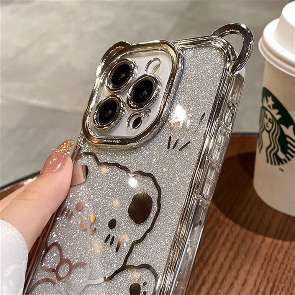 Cute 3d Cartoon Plating Bear Ear Glitter Transparent Case For Iphone 14 Pro Max 13 12 11 X Xs 8 7 Plus Armor Soft Silicone Cover