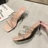 Fashion New Summer Slippers Women's Fashion Square Head Open Toe Rhinestones with A Slip-on Non-slip Wear-resistant High Heels